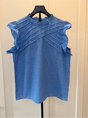 Sleeveless Blue Pleated Yoke Blouse #381